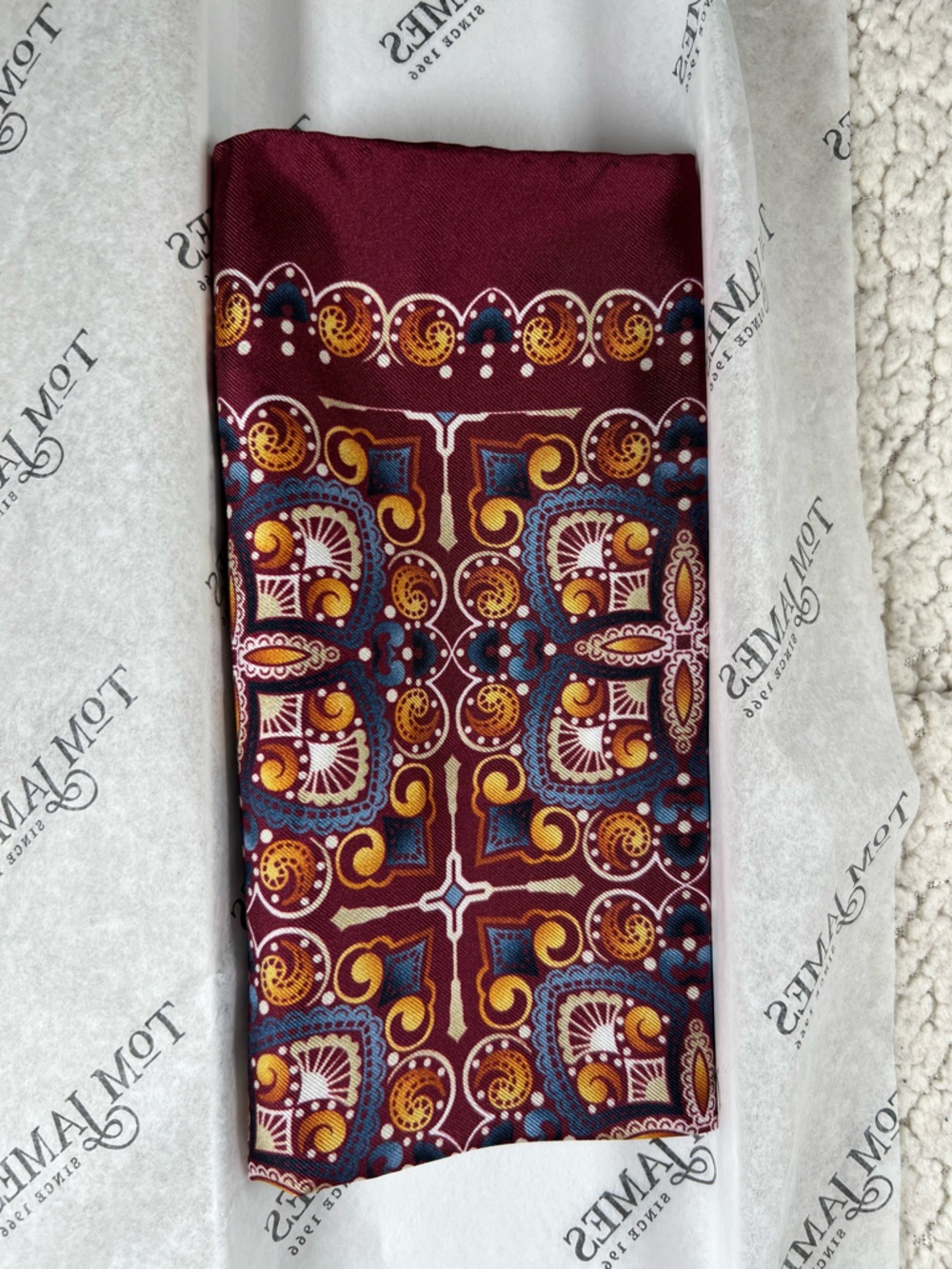 100% Silk Tom James Pocket Square/Handkerchief - Burgundy, Gold, and blue